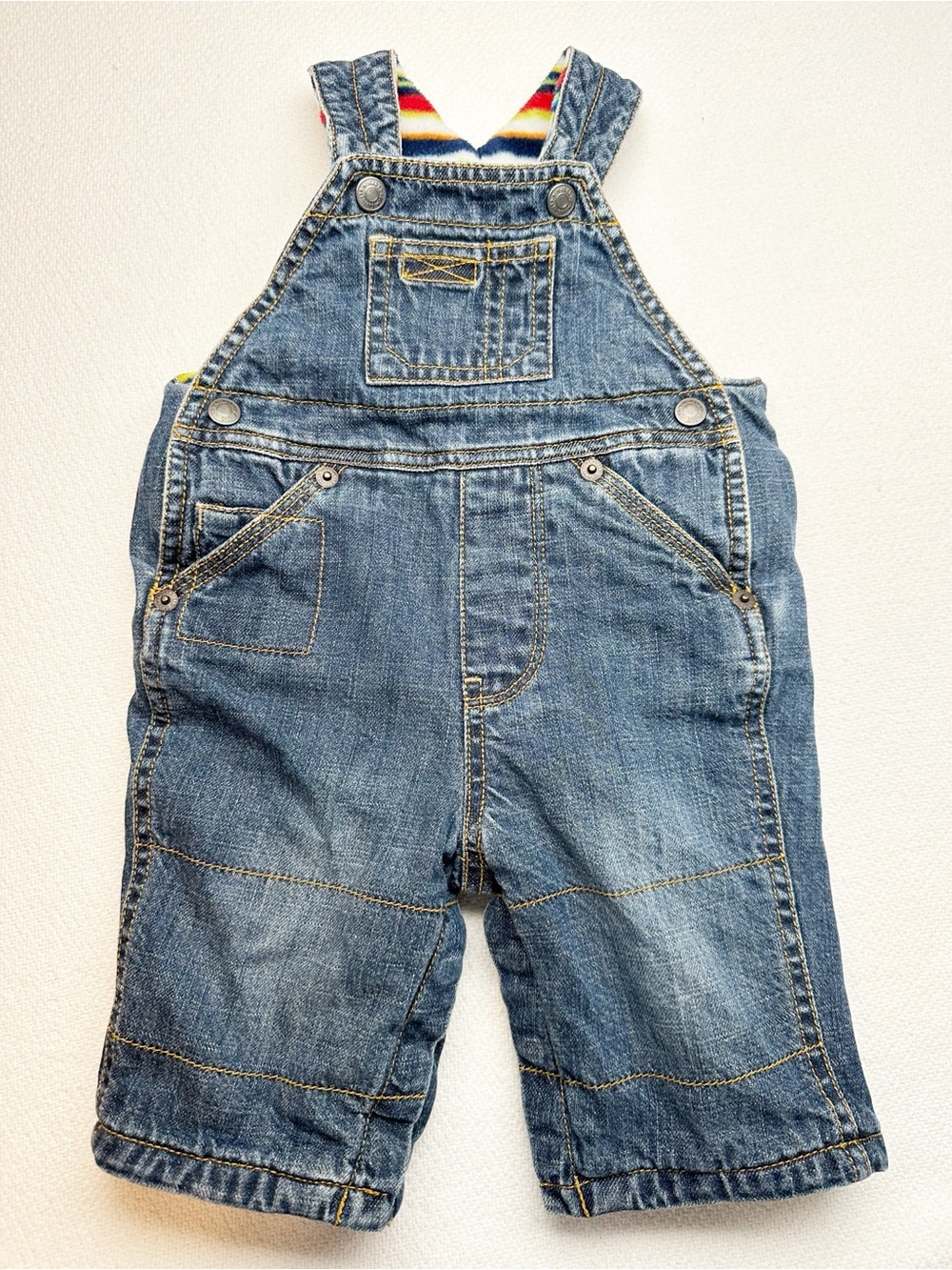 GAP Blue Denim Kids fleece-lined Overalls with Striped Lining